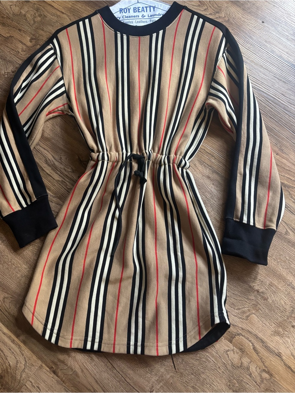 Burberry Girls Tan, Black & Red Striped Drawstring Dress